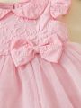 Baby Jacquard Ruffle Sleeve Bow Mesh Hem Dress & Headband