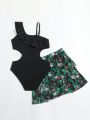 Tween Girls One-Piece Swimsuit With Bottoms And Plant Print Cover-Up Skirt, 2pcs/Set