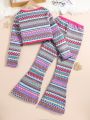 Girls' Y2k Style Rainbow Color Knitted Cardigan & Color Block Top With Bell Bottom Pants