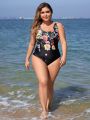 SHEIN Swim Classy Plus Size One-piece Swimsuit With Flower Pattern