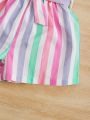 SHEIN Kids SUNSHNE Toddler Girls Cold Shoulder Tee & Block Striped Belted Shorts