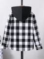 SHEIN Big Boys' Plaid Pattern Hooded Shirt With Removable Hood For Autumn