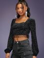 Mienne Sweetheart Neck Lantern Sleeve Tassel Hem Crop Top