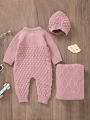 Baby Girl Solid Button Front Knit Jumpsuit & Hat