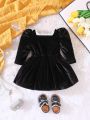 Baby Girl Puff Sleeve Square Neck Velvet Dress