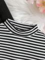 SHEIN Baby Girl 2pcs Striped Print Mock Neck Tee Dress