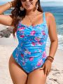 SHEIN Swim Curve Summer Beach Plus Size Floral Printed One-Piece Swimsuit With Pleated Details