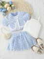 Baby Girls' Spring/Summer Simple Gingham Pattern Short Sleeve Top, Camisole Top And Skirt 3pcs Outfit