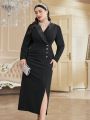 SHEIN Modely Plus Size Shawl Collar Button Front Long Sleeve Dress