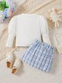 Baby Girls' Puff Sleeve Ribbed Knit T-Shirt And Plaid A-Line Skirt Set