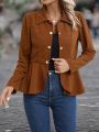 Solid Button Front Peplum Hem Corduroy Coat