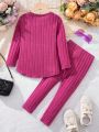 SHEIN Toddler Girls' Retro Simple Street Style Knitted Solid Color Round Neck Long Sleeve Top And Irregular Hem Pure Color Pants Set