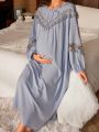 Maternity Patchwork Lace Ruffle Trim Decor Lantern Sleeve Pajama Set