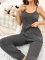 Ladies' Texture Feel Cami Sleepwear Set With Heart Embroidery