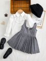 SHEIN Kids KDOMO Young Girl Frill Trim Flounce Sleeve Blouse & Pleated Hem Dress