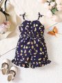 Baby Girl Floral Print Ruffle Hem Belted Cami Romper