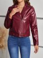 SHEIN Frenchy Ladies' Turn-down Collar Zipper Pu Jacket