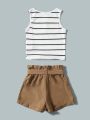 SHEIN Kids EVRYDAY Girls Striped Tank Top & Paperbag Waist Belted Shorts Set