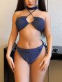 SHEIN Swim Y2GLAM Cross Halter Neck Backless Bikini Set With Knot Tie And Side Straps