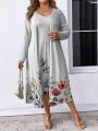 Flower Printed Plus-size Dress And Open-front Coat Set