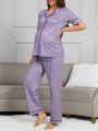 Maternity Polka Dot Print Short Sleeve Top With Rolled Edges And Long Pants Sleepwear Set