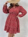 SHEIN VCAY Plus Size Long Sleeve Dress With Small Floral Print And Notched Neckline