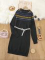 Tween Girl Geo Pattern Raglan Sleeve Sweater Dress Without Belt