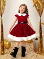 SHEIN Kids CHARMNG Young Girl 1pc Contrast Collar Bow Back Dress