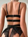 SHEIN Floral Lace Underwire Garter Lingerie Set With 1pair Leg Ring