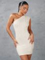 SHEIN BAE Ladies' Solid Color Knitted One-Shoulder Irregular Hem Bodycon Dress For A Summer Stroll