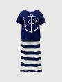 Plus Size Loose Fit Round Neck Printed T-Shirt With Striped Skirt Casual 2pcs/Set