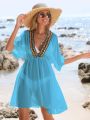 SHEIN SHEIN Swim BohoFeel Contrast Tape Batwing Sleeve Cover Up Dress