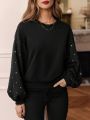 SHEIN Frenchy Women's Rhinestone Inlaid Drop Shoulder Long Sleeve Sweatshirt