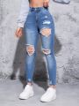 SHEIN PETITE High Waisted Ripped Skinny Jeans