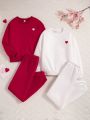 SHEIN Tween Girl 2sets Heart Patched Thermal Lined Pullover & Sweatpants
