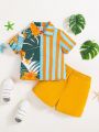 SHEIN Baby Boys' Casual Vacation Leaf Patterned Patchwork Short Sleeve Shirt And Shorts Set With Stripes