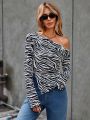 SHEIN Essnce Zebra Striped Irregular Hem Long Sleeve T-Shirt