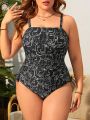 SHEIN Swim Vcay Plus Size Women's All-over Mission Line Print Suspender One-piece Swimsuit