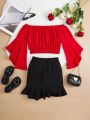 SHEIN Kids FANZEY 2pcs/Set Junior Girls' Solid-Colored Off Shoulder Crop Top And Skirt Set