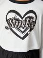 SHEIN Kids HYPEME Girls' (big) Love Heart & Letter Print T-shirt And Workwear Style Long Pants 2pcs/set