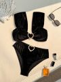 SHEIN Swim Chicsea Solid Color Split Swimsuit Set Decorated With Heart Buckle