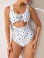 SHEIN Swim Chicsea Ladies' One-Piece Swimsuit With 3d Flower Decor, Polka Dot Print, Hollow Out Design