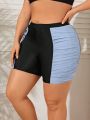 SHEIN Swim SPRTY Women'S Plus Size Contrast Color Pleated Shorts Swimwear Bottoms