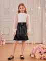SHEIN Kids Nujoom Tween Girl Dobby Mesh Lantern Sleeve Top & Paperbag Waist Belted PU Leather Skirt