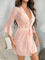 Contrast Lace Flounce Sleeve Belted Mesh Robe & Cami Nightdress