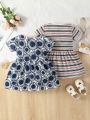 Baby Girl Spring/Summer Comfortable Casual Striped Floral Dress 2pcs/Set