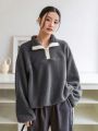 Dazy-Less Color Block Teddy Half Button Sweatshirt With Contrast Color Edges