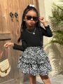 SHEIN Kids Cooltwn Toddler Girls' Casual Solid Color Long Sleeve Top With Floral Print Skirt