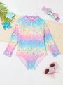 Little Girl'S Heart Pattern Gradient Color Long-Sleeved One-Piece Swimsuit