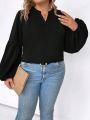 SHEIN LUNE Plus Size Solid Color Notched Neck Lantern Sleeve Shirt